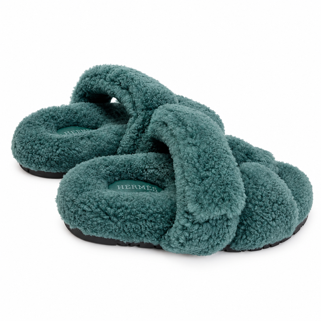 Hermès Teal Green Textured H-Strap Slides