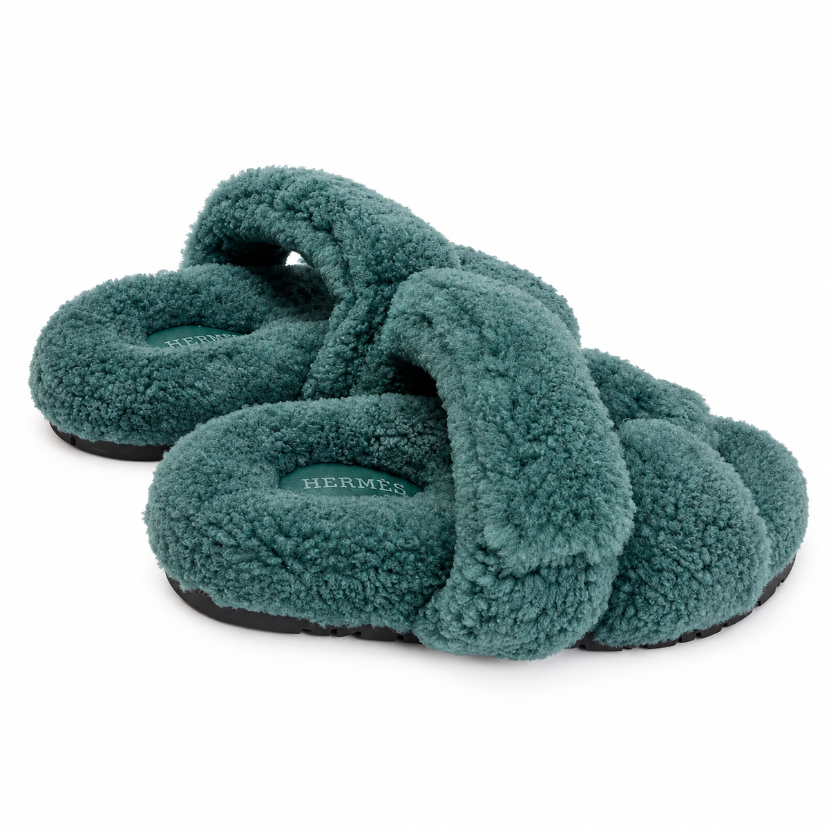 Hermès Teal Green Textured H-Strap Slides
