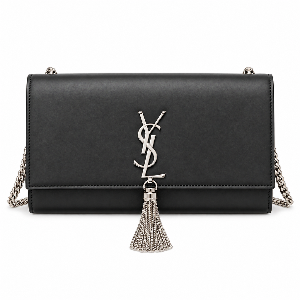 YSL Saint Laurent Kate Chain Bag Black Smooth Leather Silver YSL Monogram Tassel Chain Strap