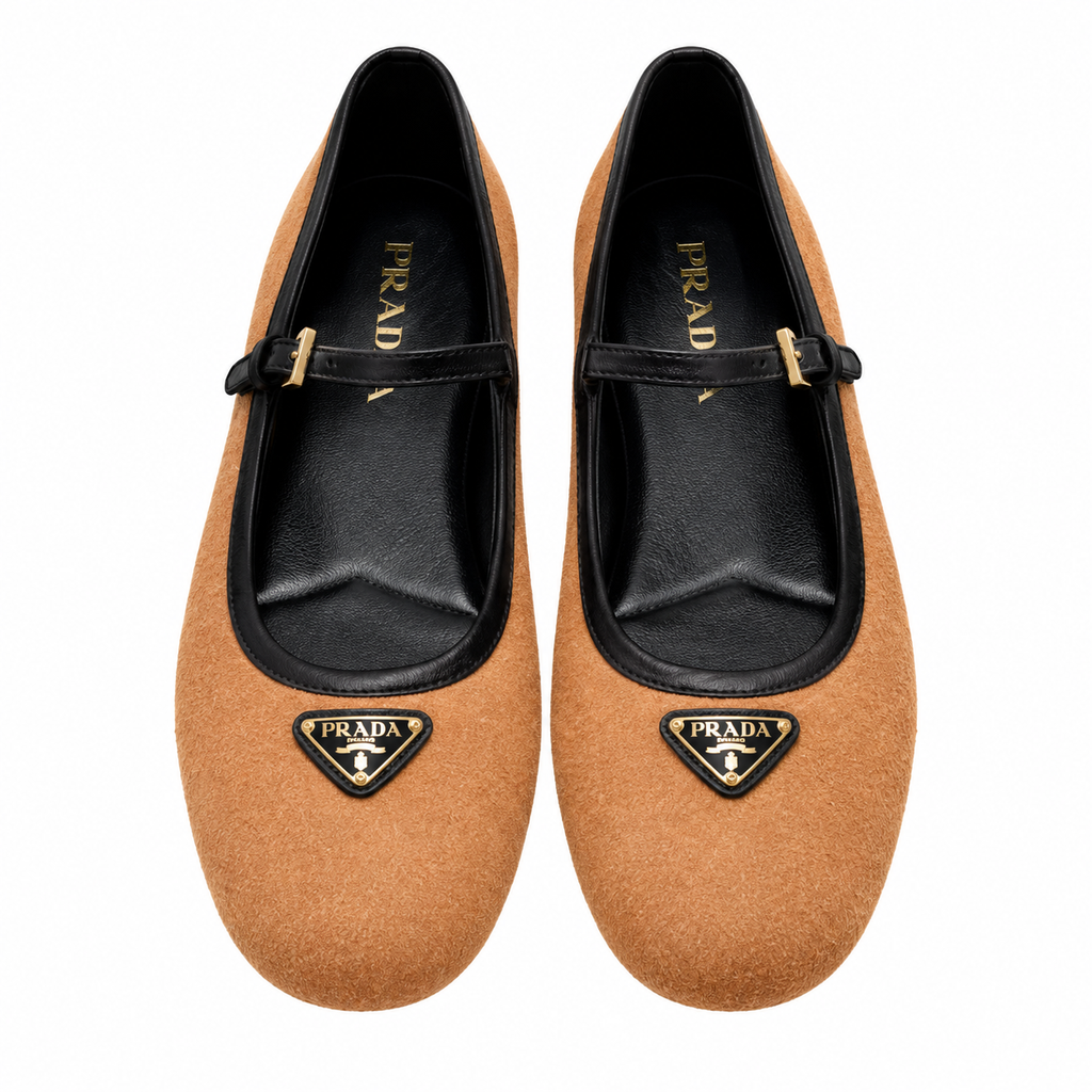 Prada Camel Textured Mary Jane Ballet Flats
