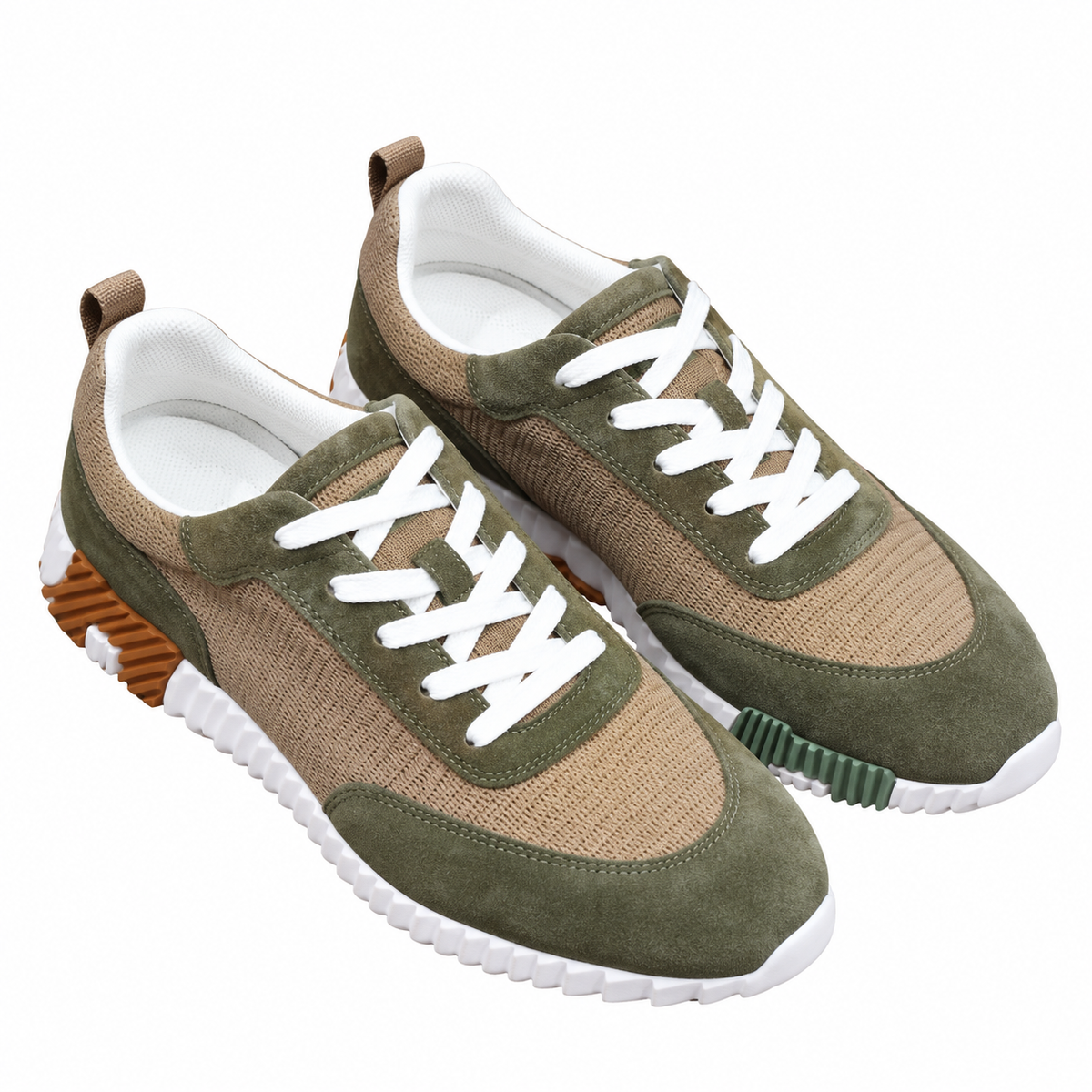 Hermès Taupe & Olive Low-Top Lace-Up Sneakers