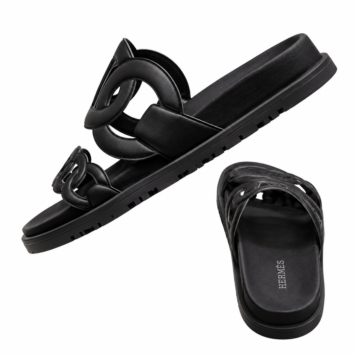 Hermès Black Chain-Link Open Toe Slide Sandals