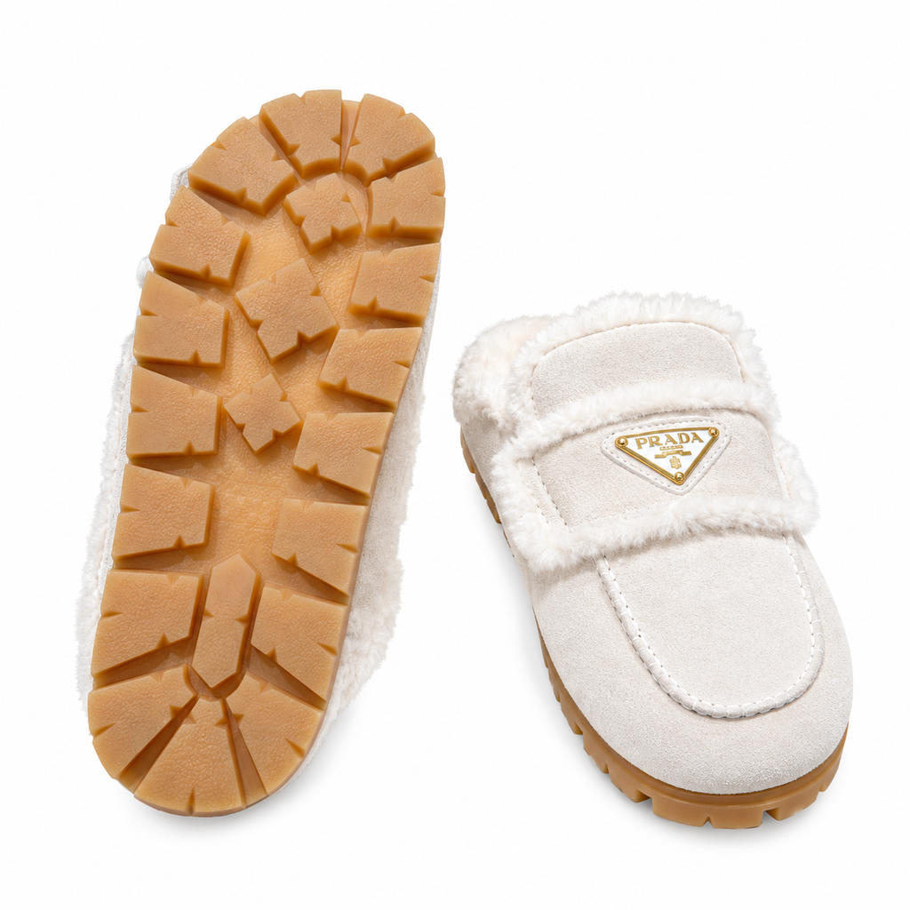 Prada Ivory Plush-Trim Moc-Toe Loafer Mules