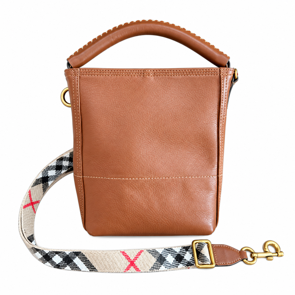Burberry Cognac Bucket Bag with Heritage Check Strap