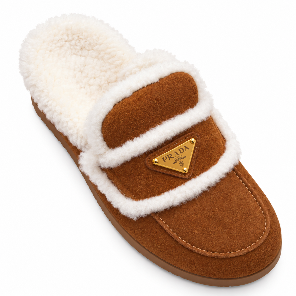 Prada Rust Brown Plush-Trim Loafer Mules