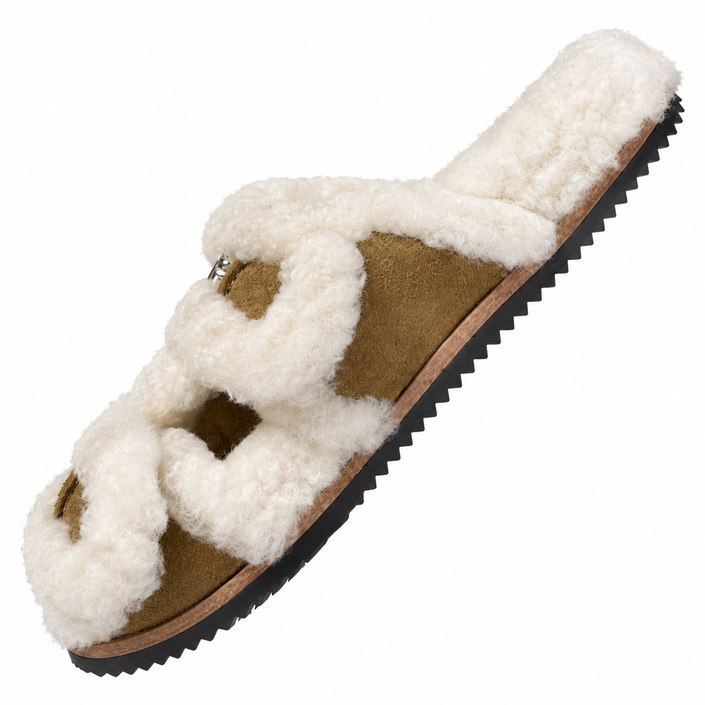 Hermès Khaki Double-Buckle Slides with Cream Trim