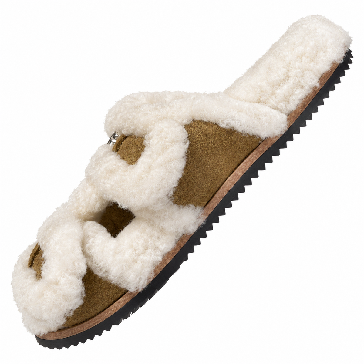 Hermès Khaki Double-Buckle Slides with Cream Trim