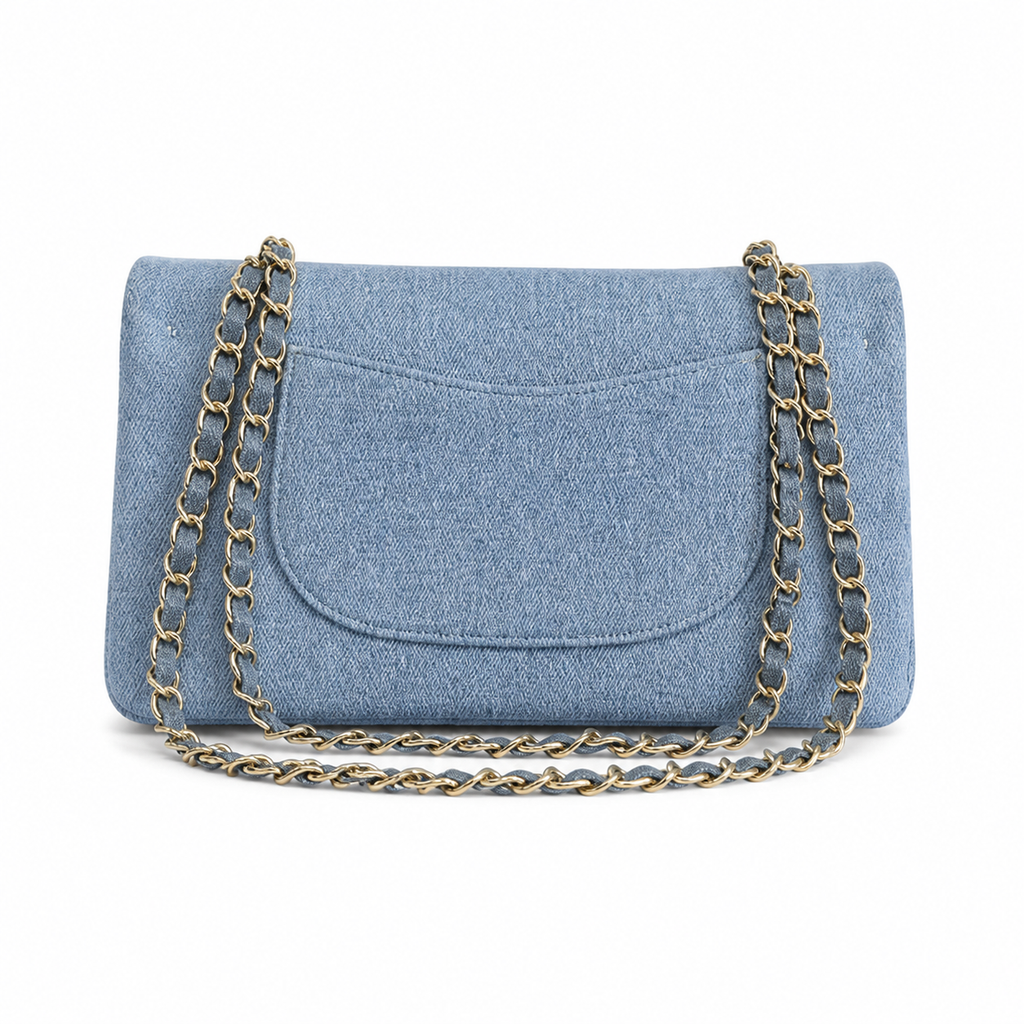 Chanel Denim Classic Flap Crystal Floral Embroidery Gold CC