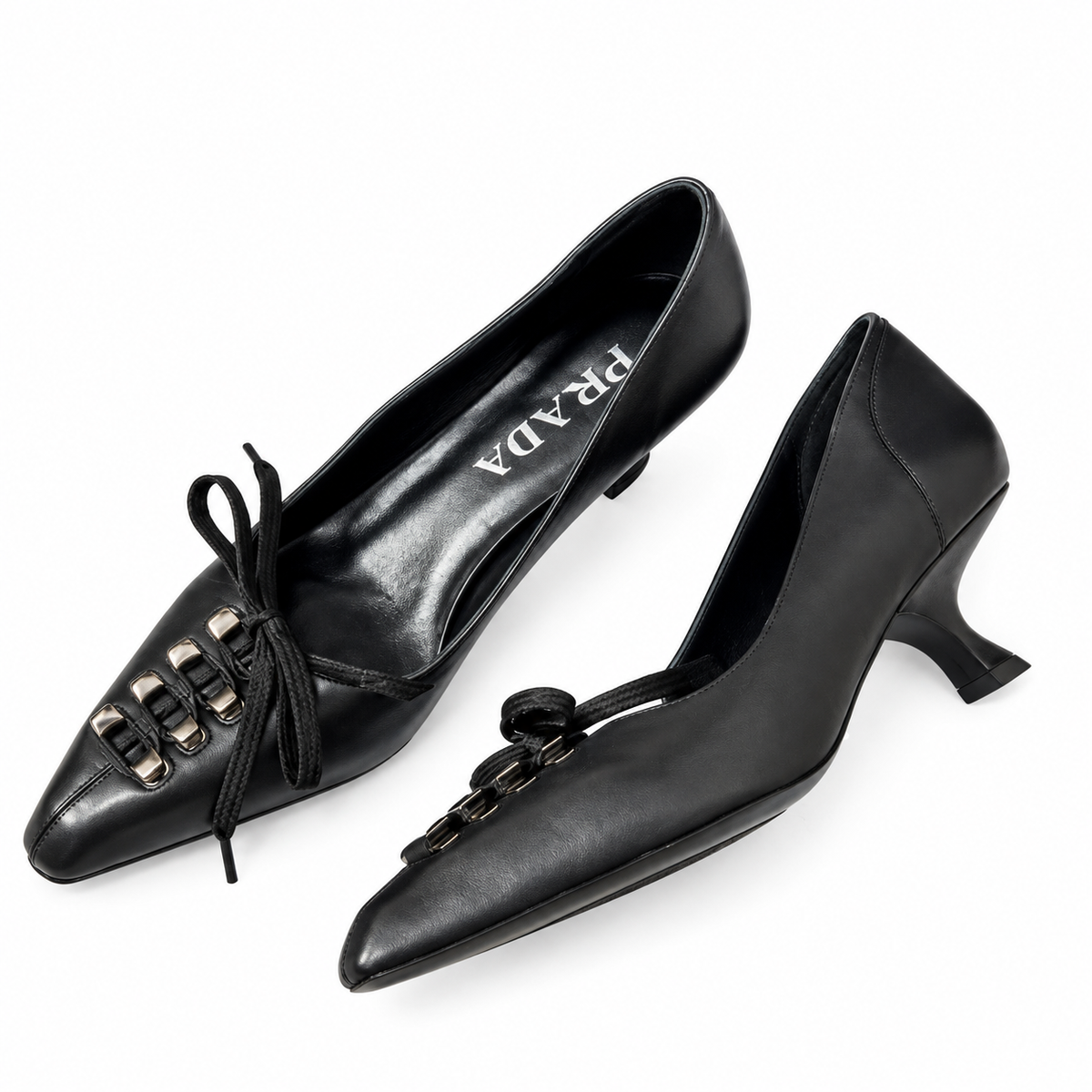 Prada Black Lace-Up Pointed-Toe Kitten Pumps
