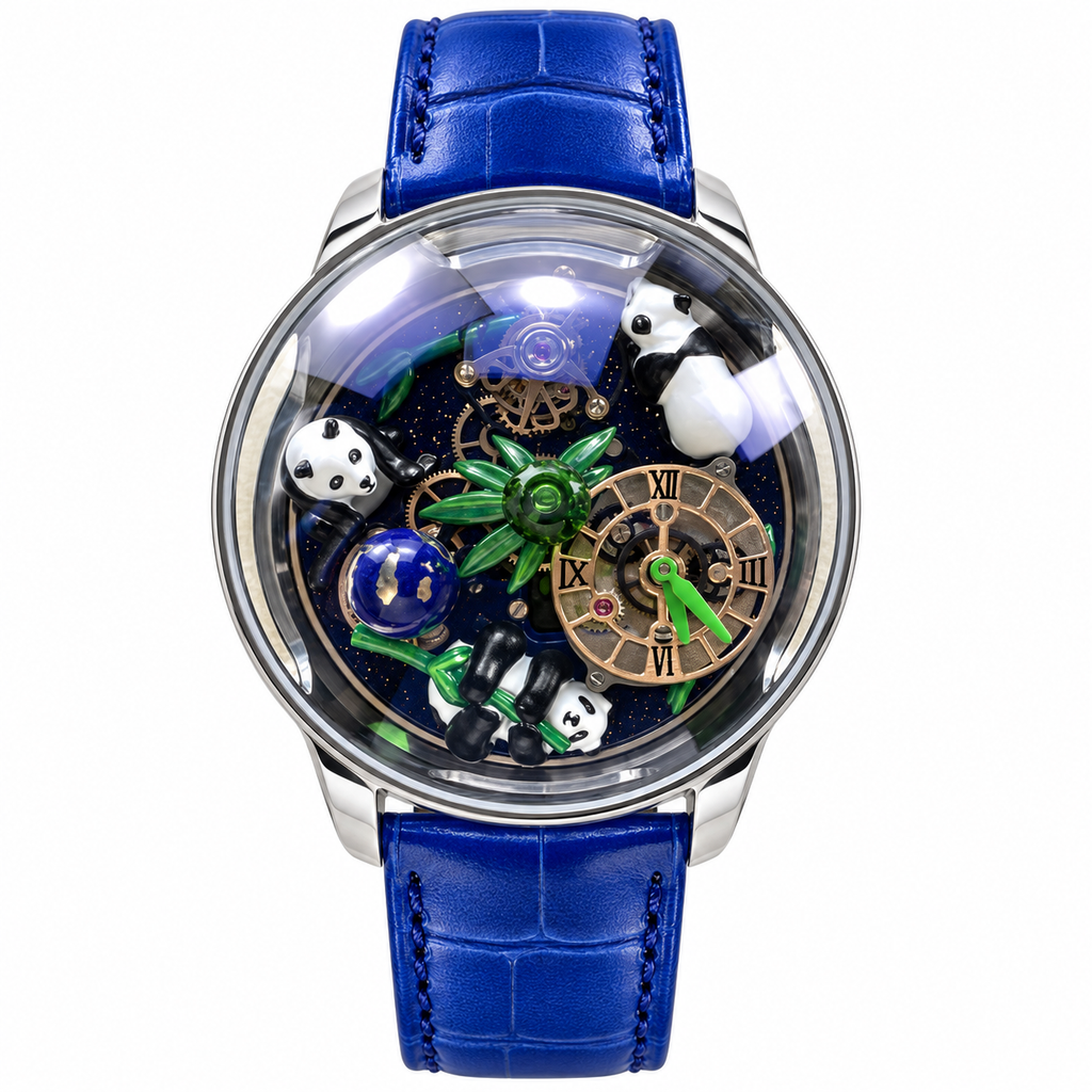 Jacob & Co. Astronomia Panda Stainless Steel Sapphire Dome Flying Tourbillon 3D Enamel Pandas Bamboo Lapis Lazuli Blue Leather Watch