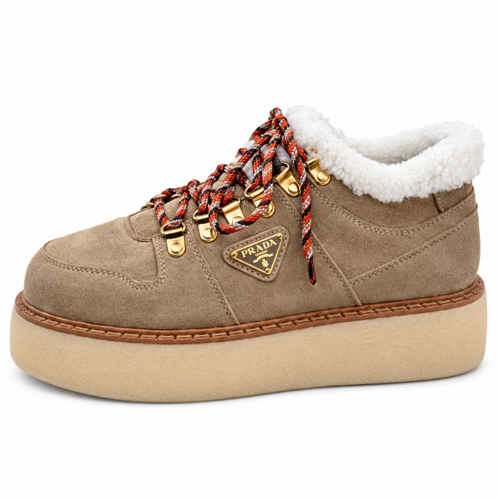 Prada Taupe Plush-Trim Lace-Up Platform Boots