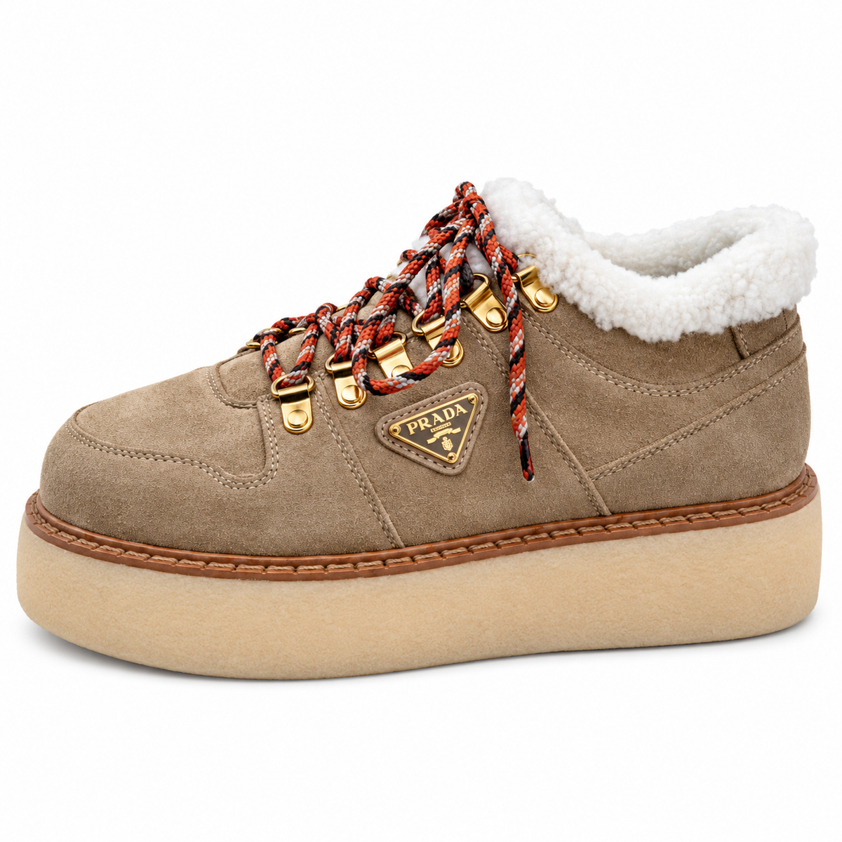 Prada Taupe Plush-Trim Lace-Up Platform Boots