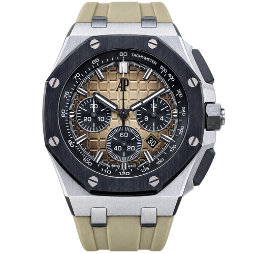 Audemars Piguet Royal Oak Offshore Chronograph Black Ceramic Bezel Khaki Grande Tapisserie Dial Black Sub-dials Khaki Rubber Strap