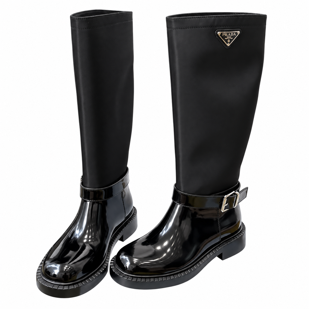 Prada Black Glossy-Panel Buckled Tall Boots
