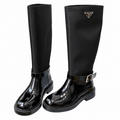 Prada Black Glossy-Panel Buckled Tall Boots