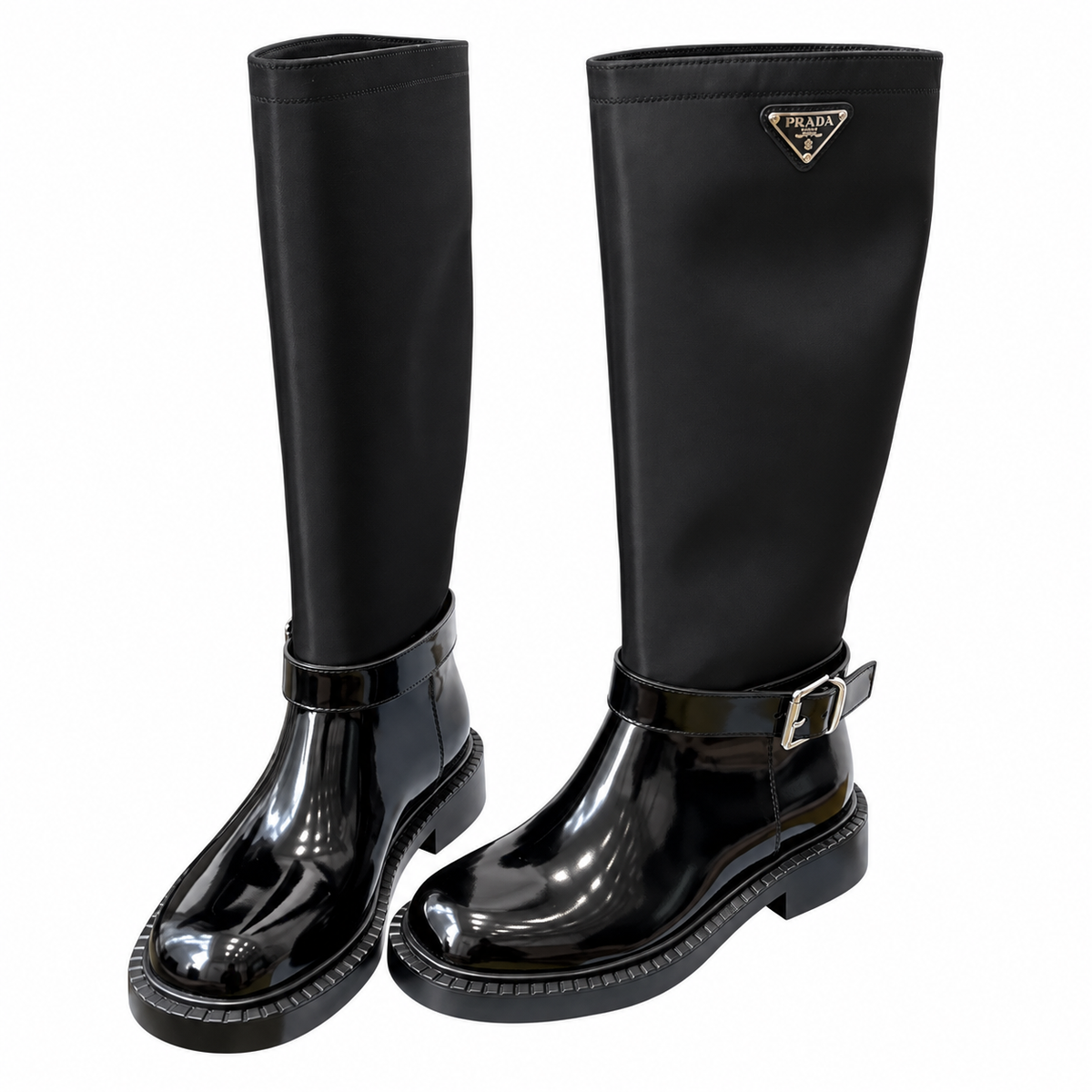 Prada Black Glossy-Panel Buckled Tall Boots