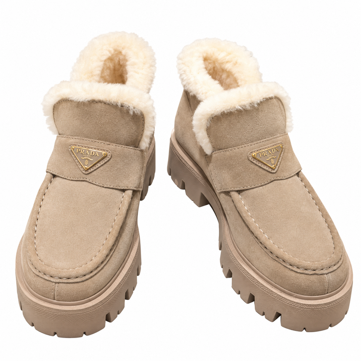 Prada Beige Plush-Trim Lug-Sole Ankle Boots
