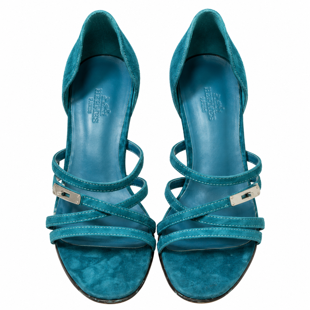 Hermès Teal Cross-Strap Heeled Sandals