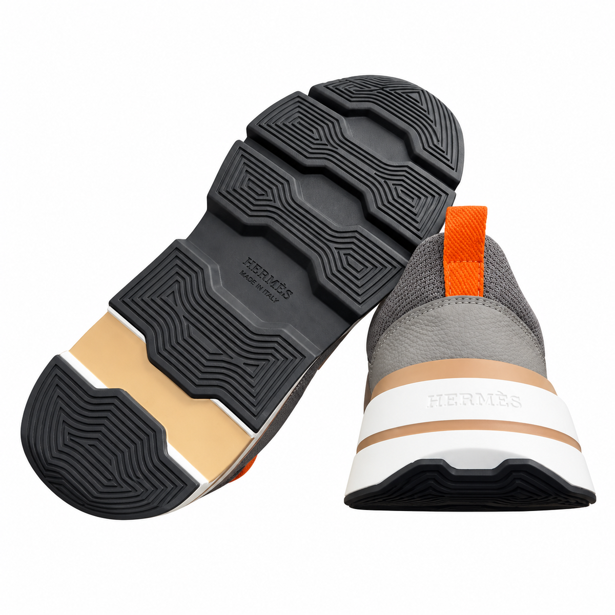 Hermès Gray Mesh Sneakers with Orange Accents