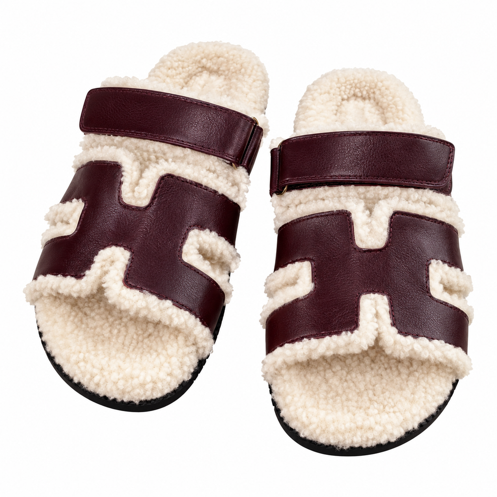 Hermès Burgundy H-Strap Slides with Cream Trim