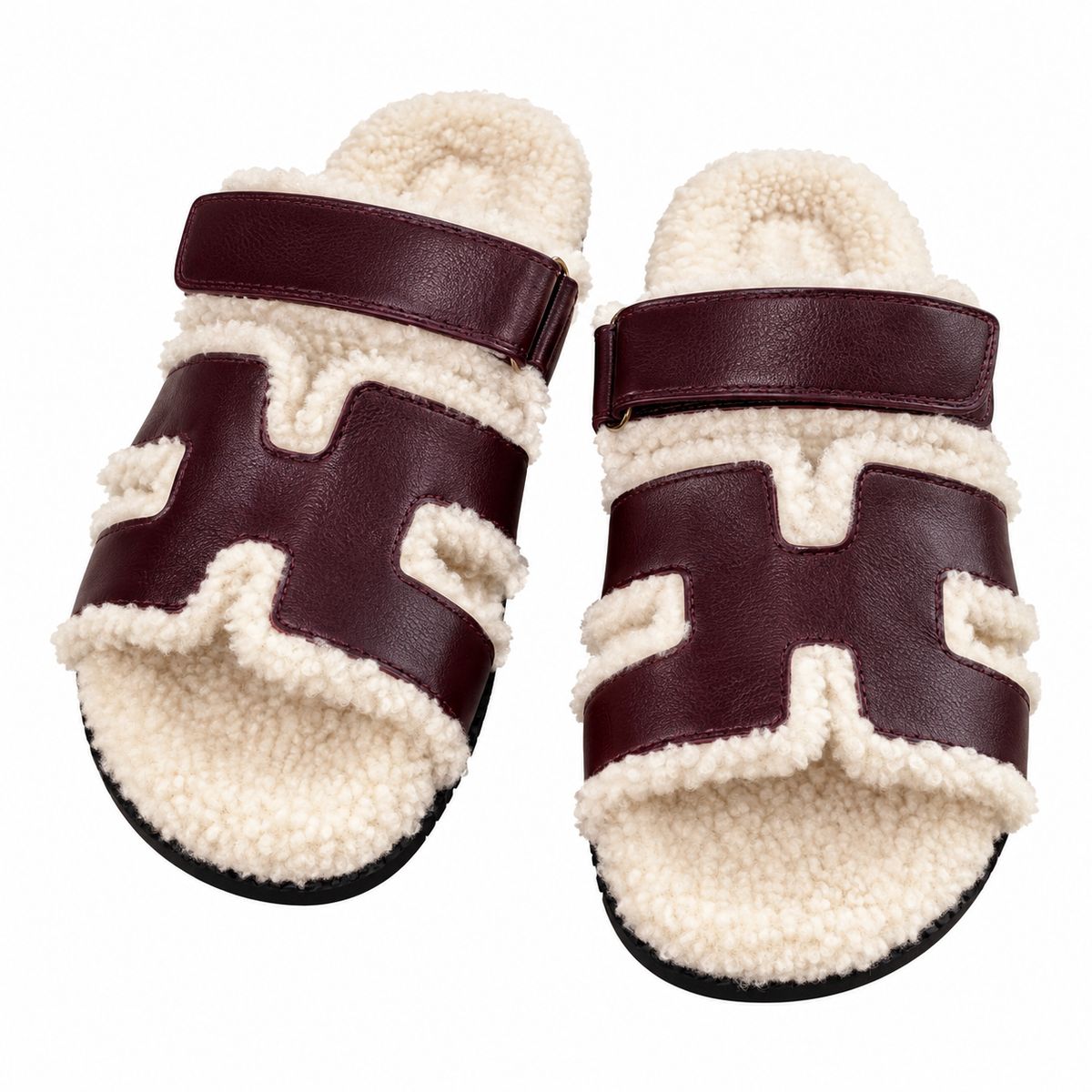 Hermès Burgundy H-Strap Slides with Cream Trim