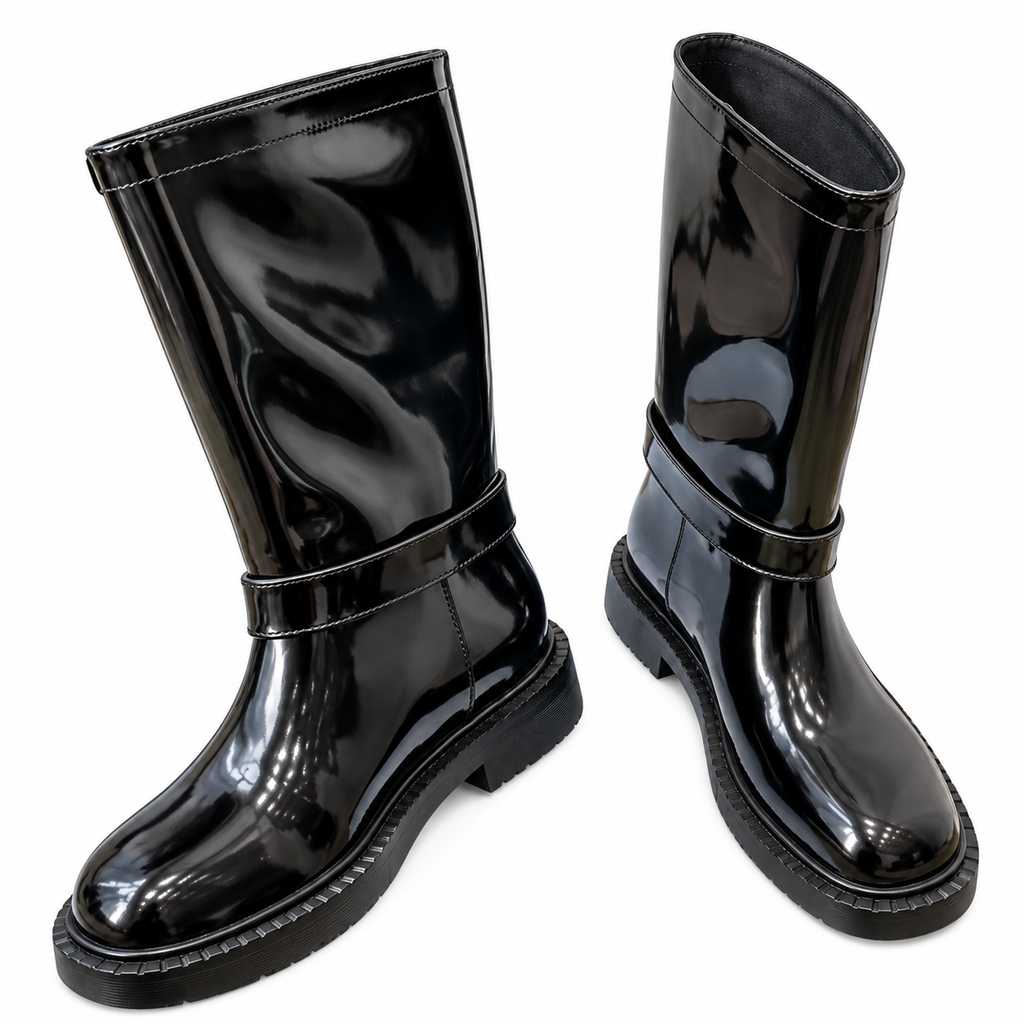 Prada Glossy Black Buckle-Strap Mid-Calf Boots