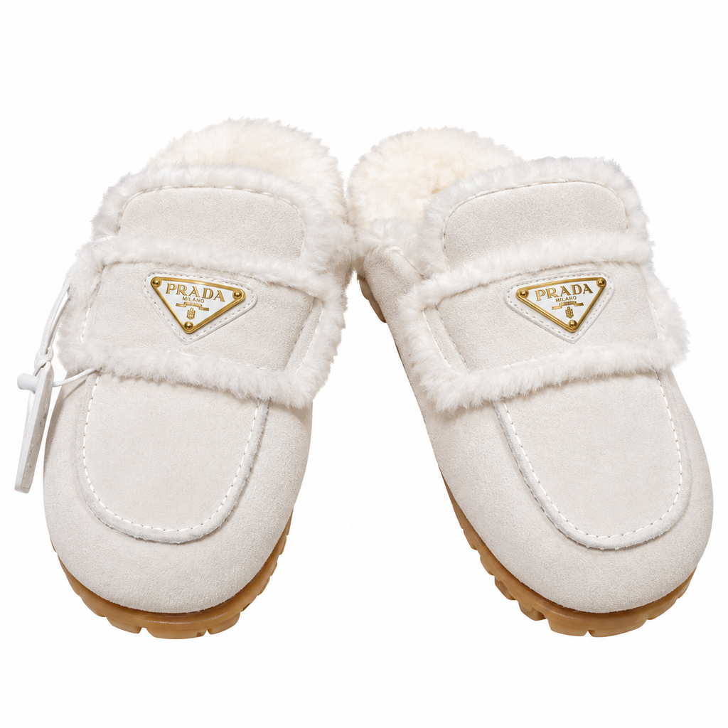 Prada Ivory Plush-Trim Moc-Toe Loafer Mules