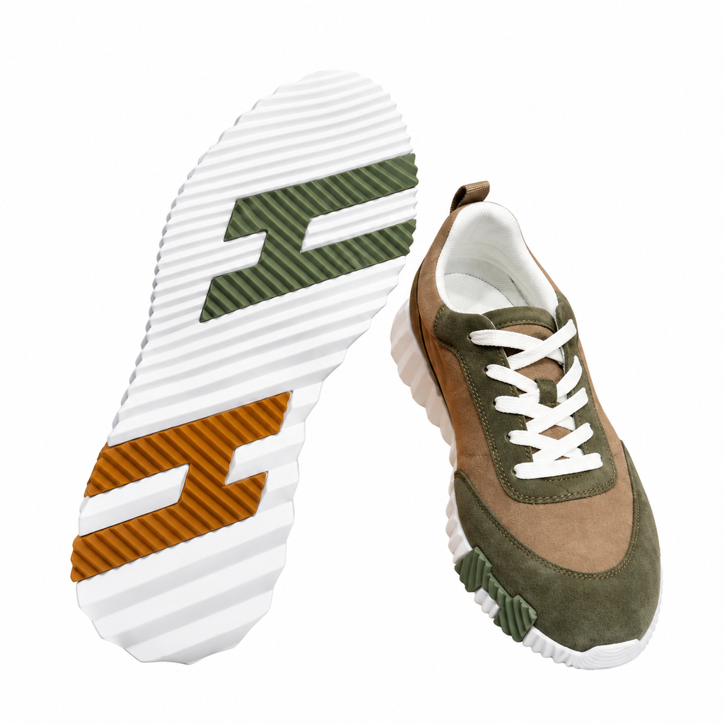 Hermès Taupe & Olive Low-Top Lace-Up Sneakers