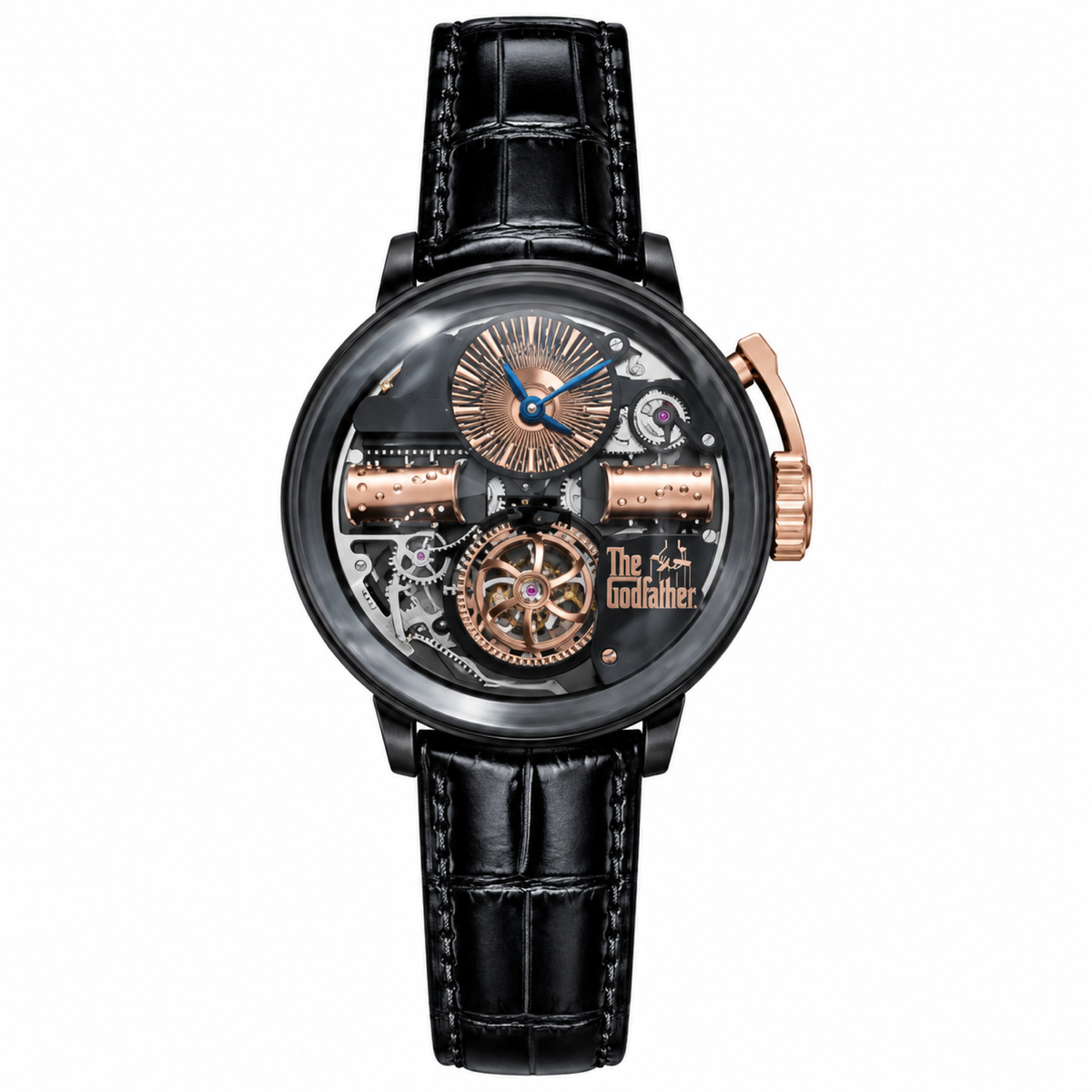 Jacob & Co. x The Godfather Black DLC Tourbillon Sunburst Rose Gold Black Leather Watch