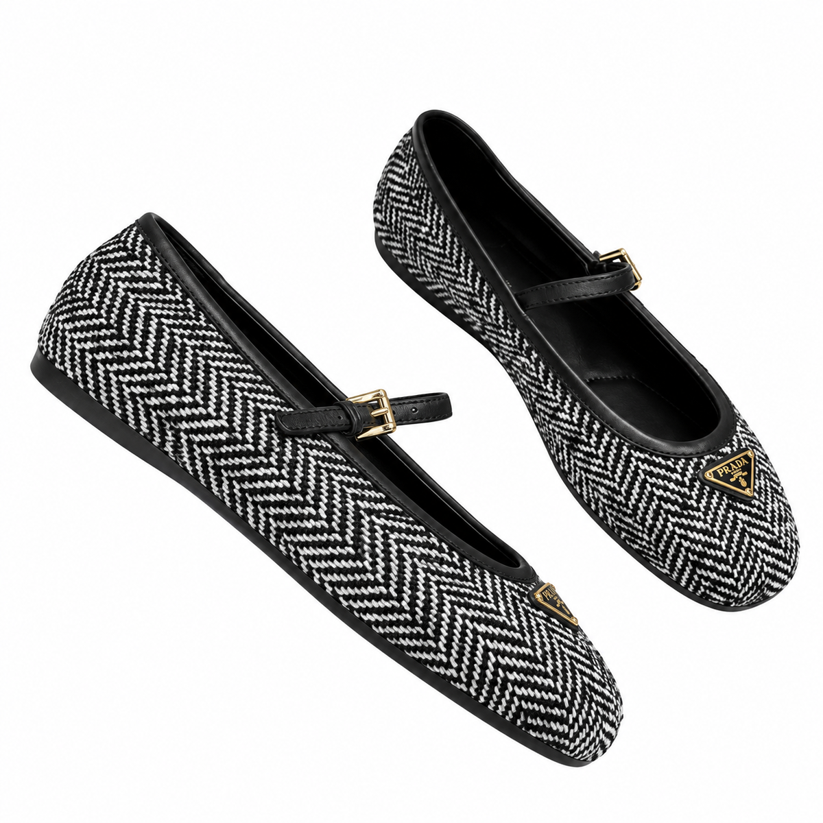 Prada Black Herringbone Mary Jane Ballet Flats