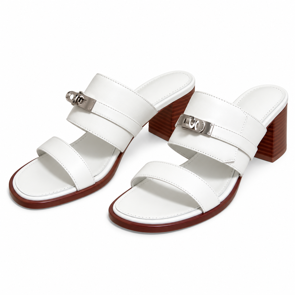 Hermès White Block-Heel Sandals | Silver Lock
