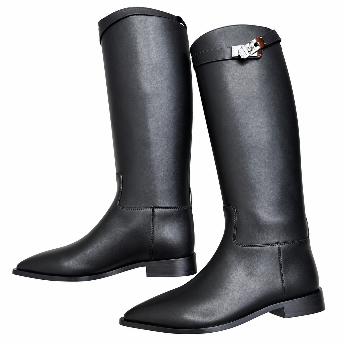 Hermès Black Pointed-Toe Tall Boots with Metal Clasp