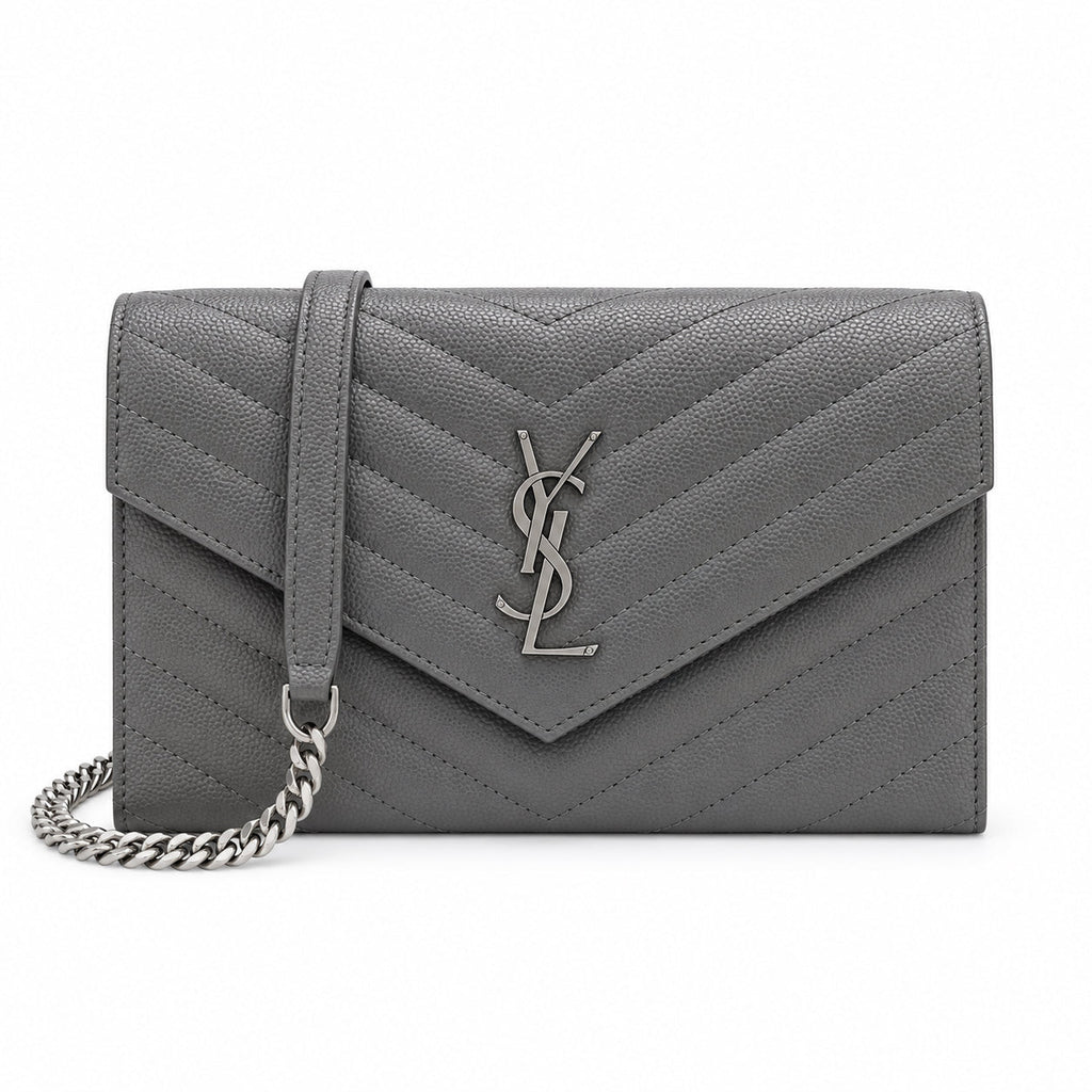 YSL Saint Laurent Envelope Chain Wallet Grey Matelasse Chevron Leather Tonal Silver YSL Monogram Silver Chain Strap
