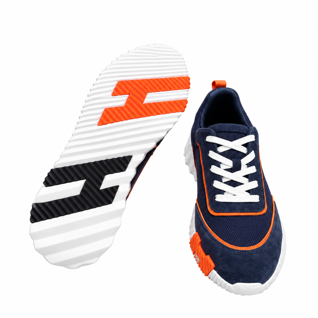 Hermès Navy and Orange Low-Top Sneakers