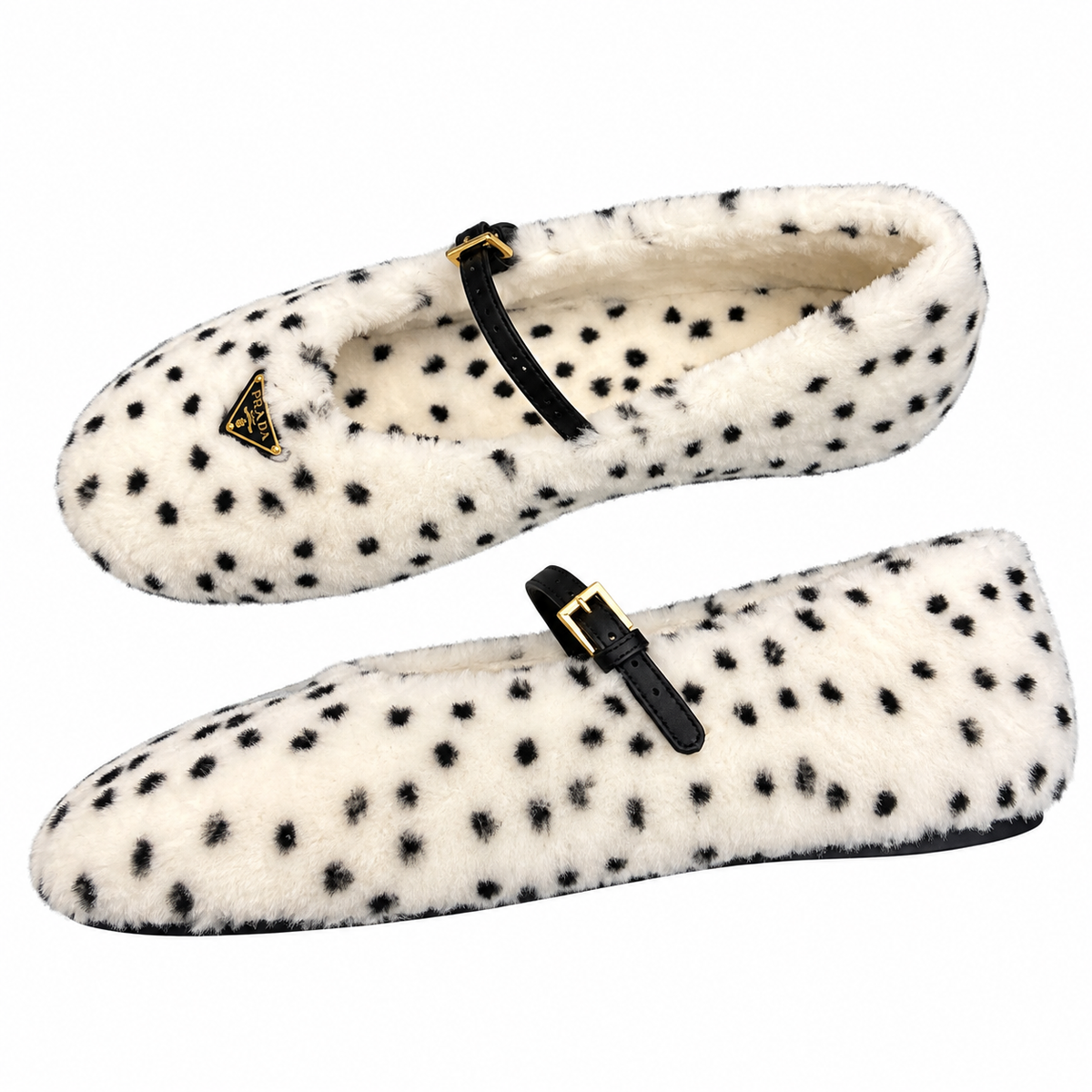 Prada Ivory Spotted Plush Mary Jane Flats