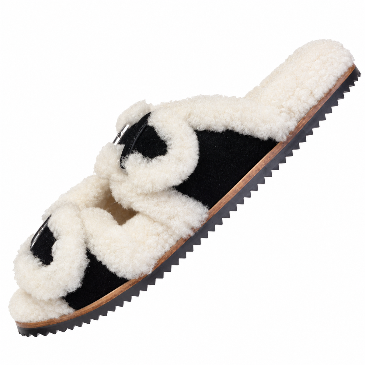 Hermès Black Double-Buckle Slides with Cream Trim