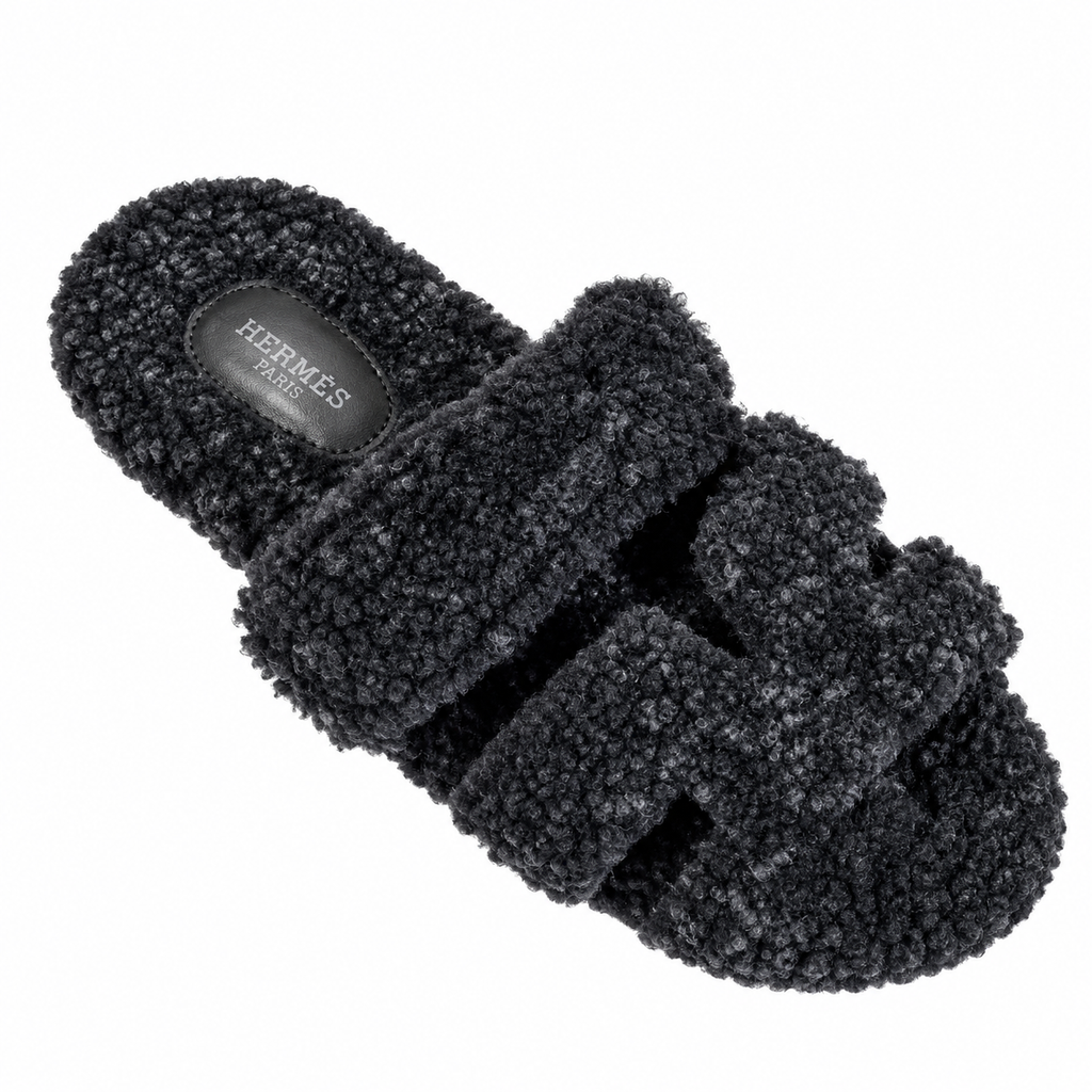 Hermès Black Textured H-Strap Slides