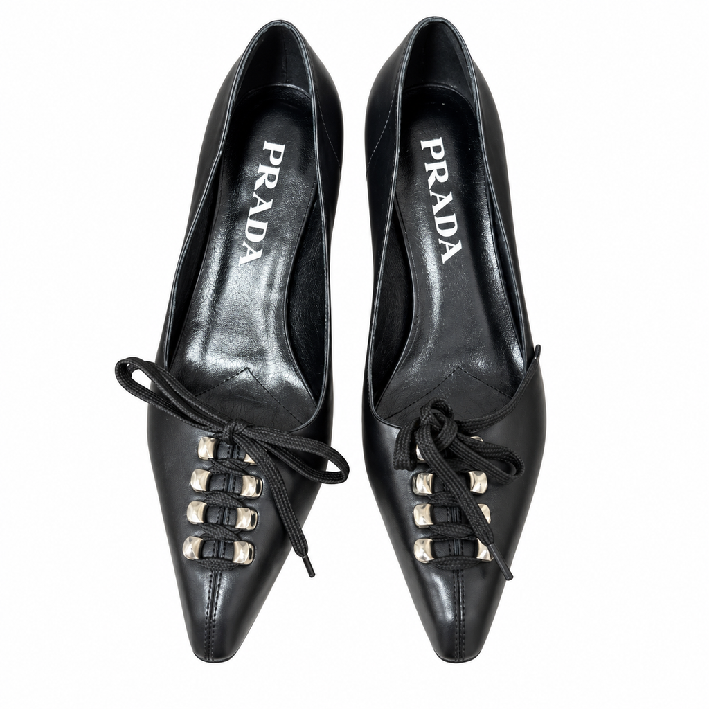Prada Black Lace-Up Pointed-Toe Kitten Pumps