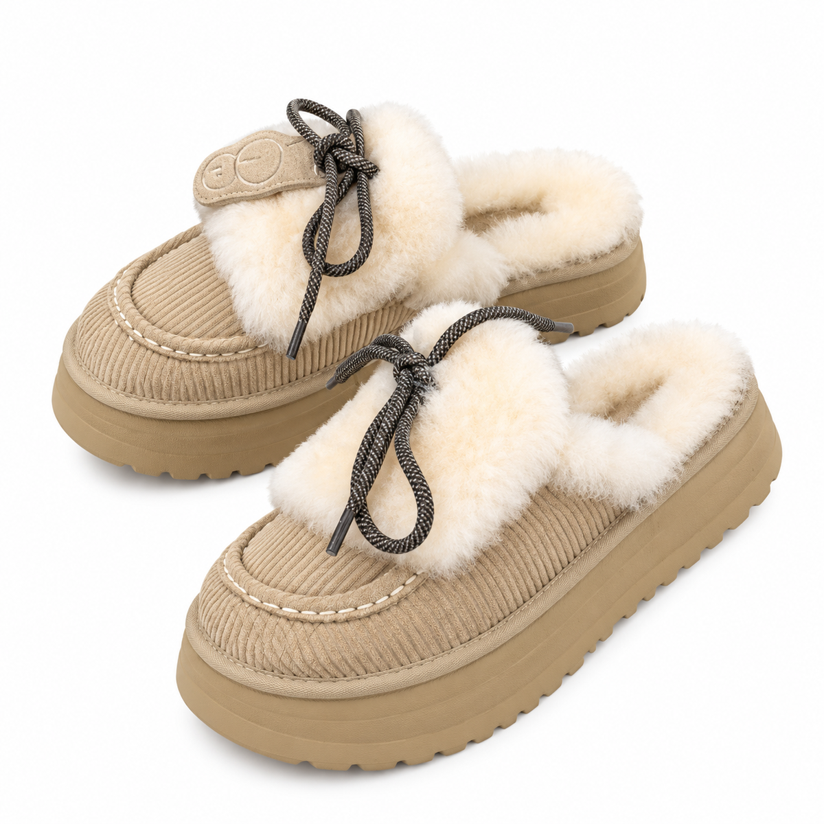 UGG Sand Beige Ribbed Bow Platform Slippers