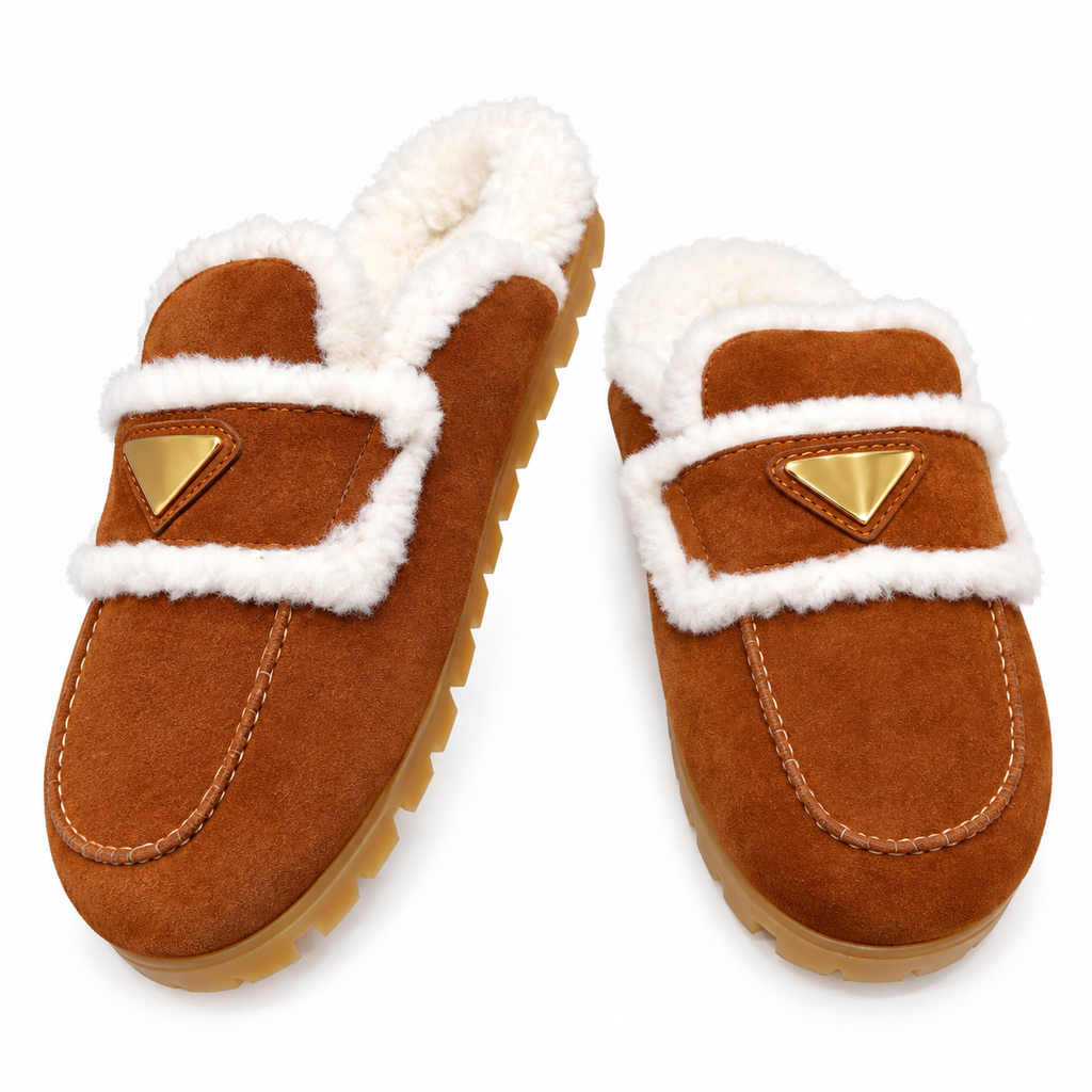Prada Rust Brown Plush-Trim Loafer Mules