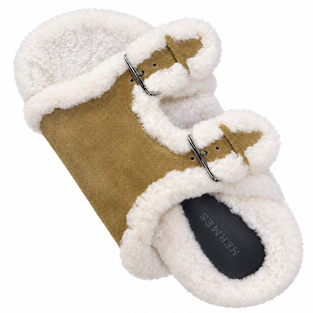Hermès Khaki Double-Buckle Slides with Cream Trim