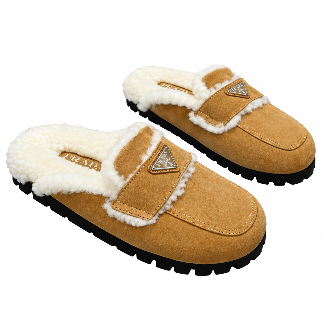 Prada Tan Plush-Trim Black Lug-Sole Mules