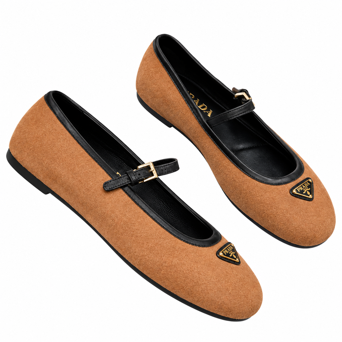 Prada Camel Textured Mary Jane Ballet Flats