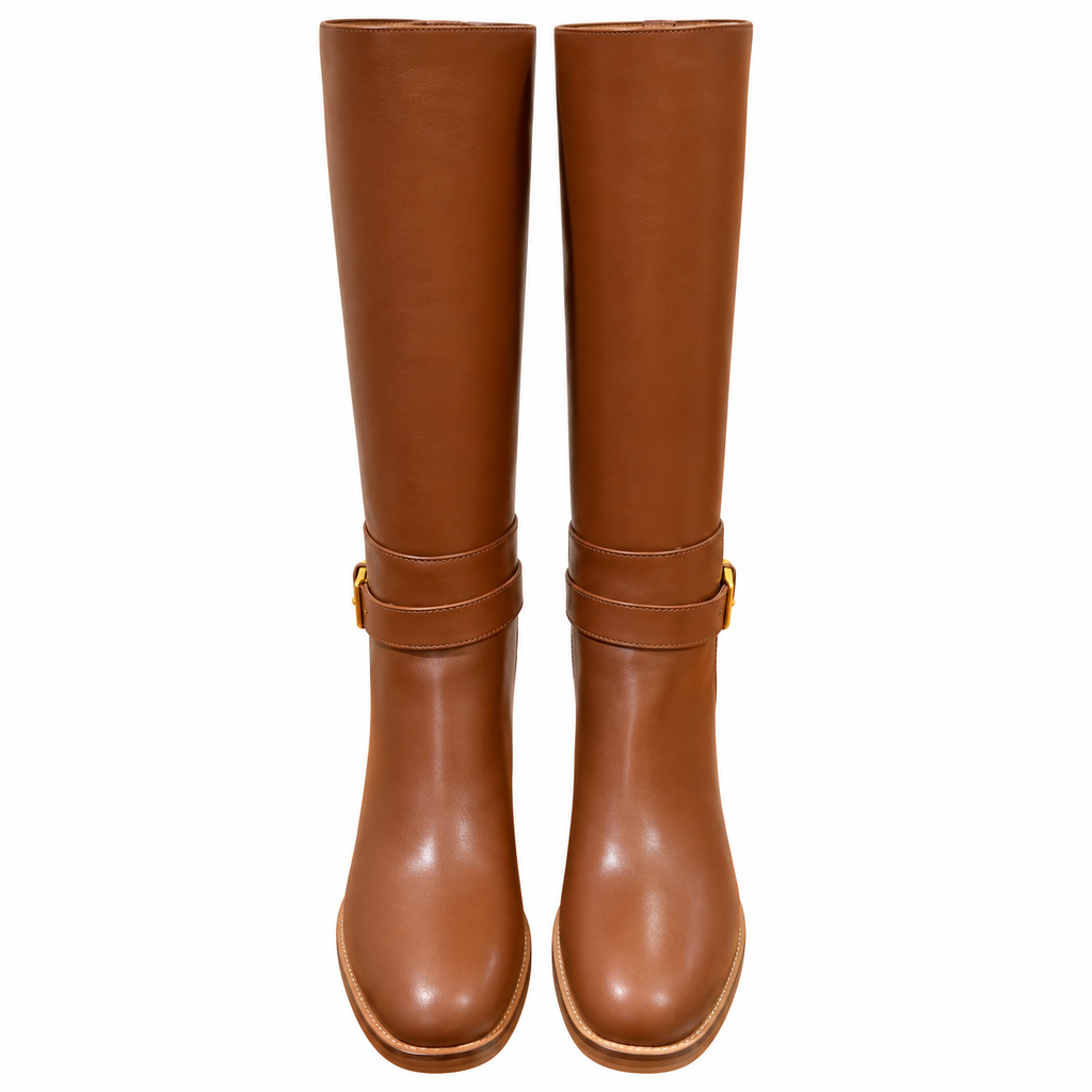 Hermès Tan Leather Buckle Knee-High Boots