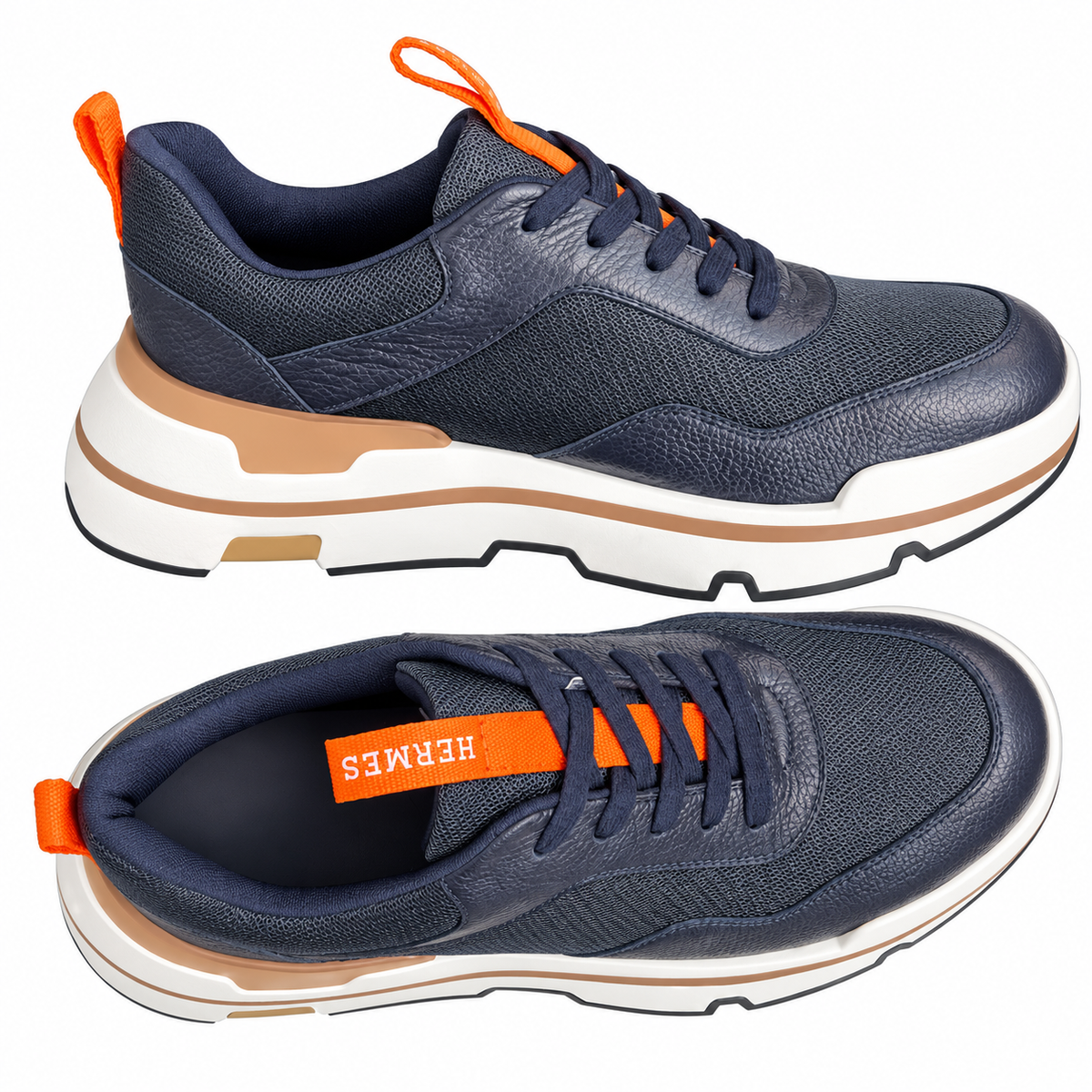 Hermès Navy Mesh Sneakers with Orange Accents