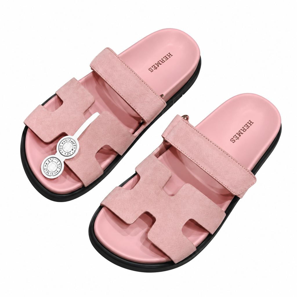 Hermès Pink Textured Leather H-Cutout Slides
