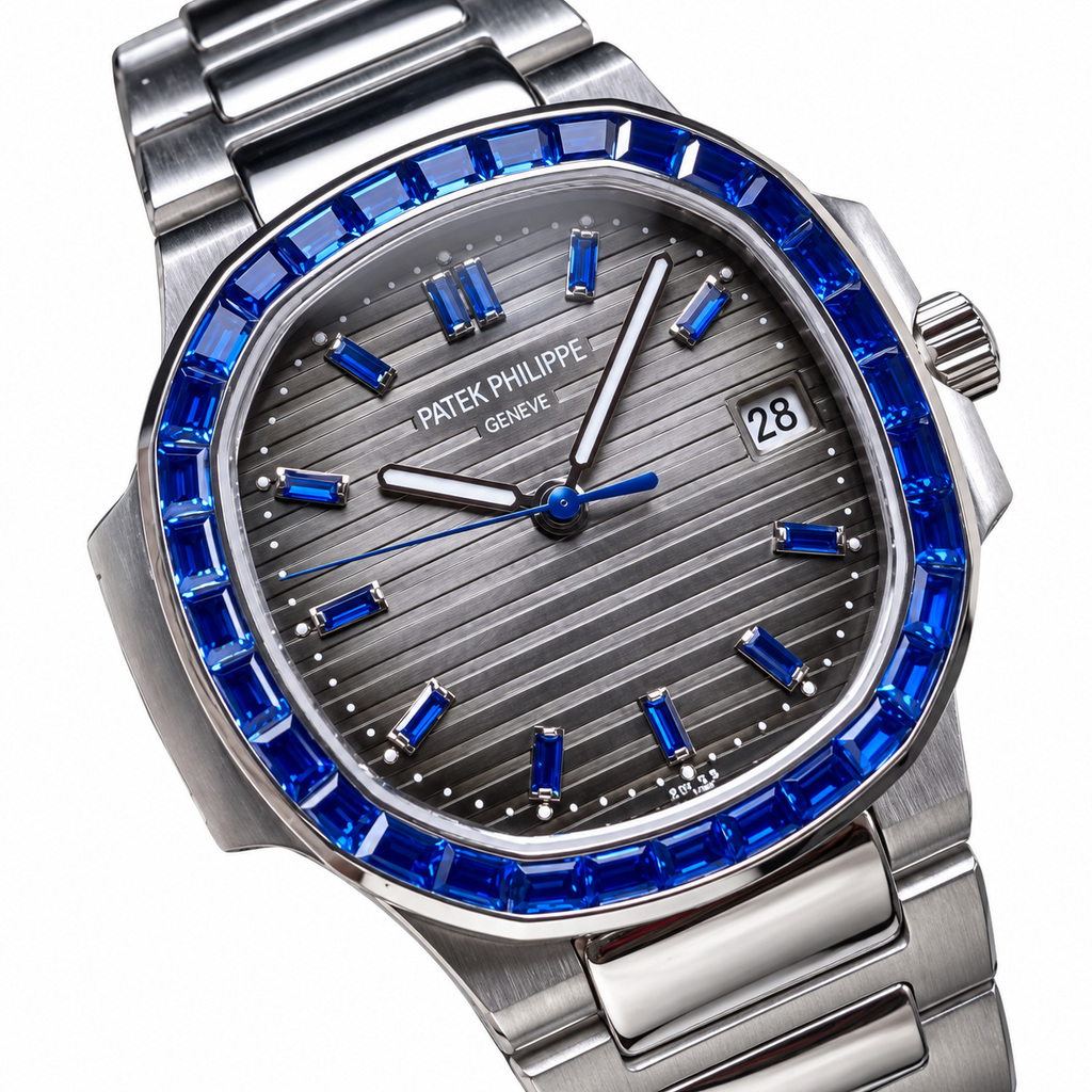 Patek Philippe Nautilus Blue Sapphire Baguette Steel Grey Dial
