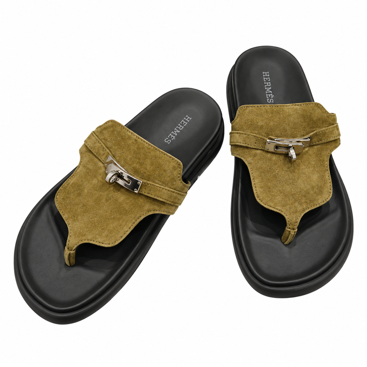 Hermès Olive Thong Sandals with Silver Buckle