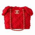Chanel Large Quilted Fringe Tweed Tote Bag Red Gold 48cm