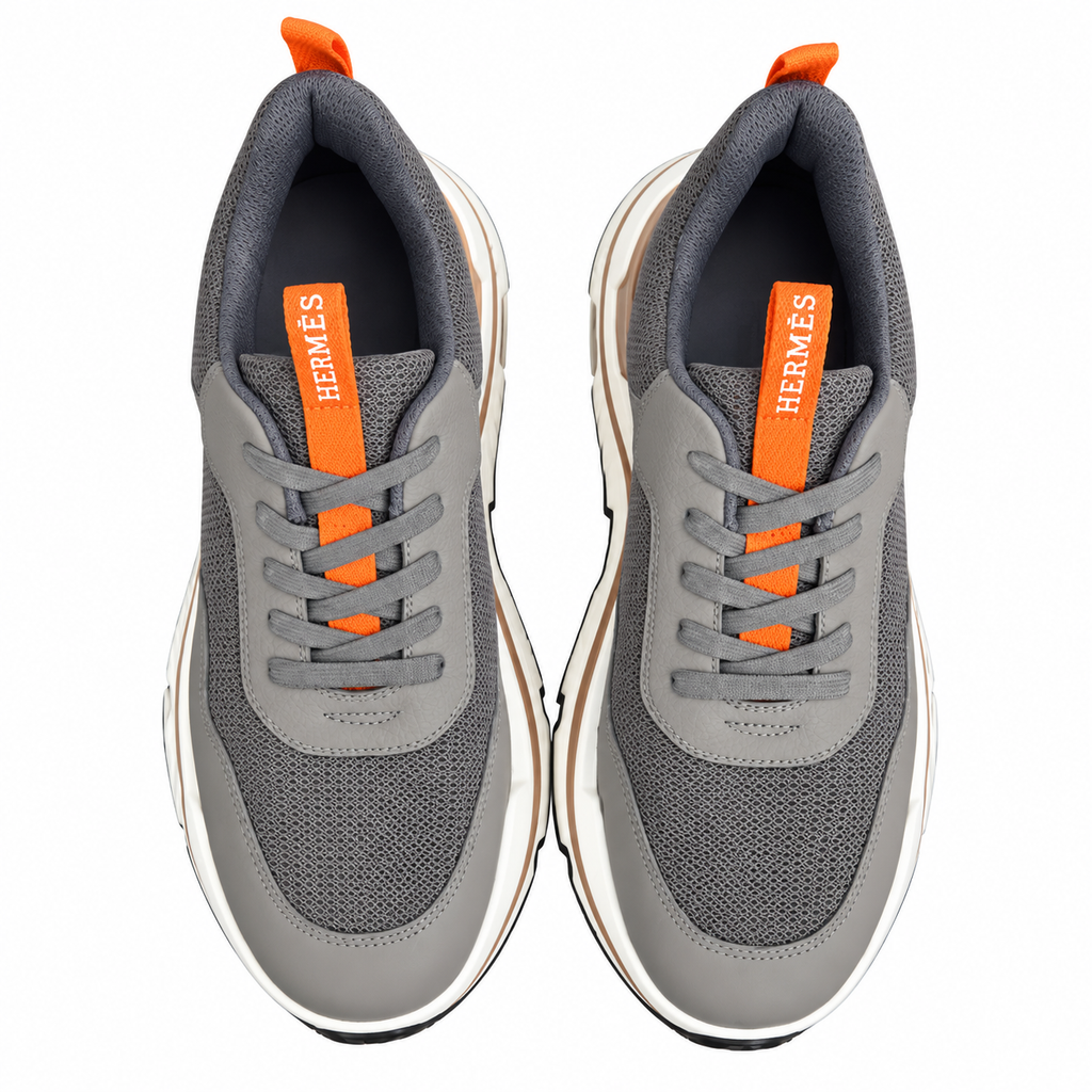 Hermès Gray Mesh Sneakers with Orange Accents